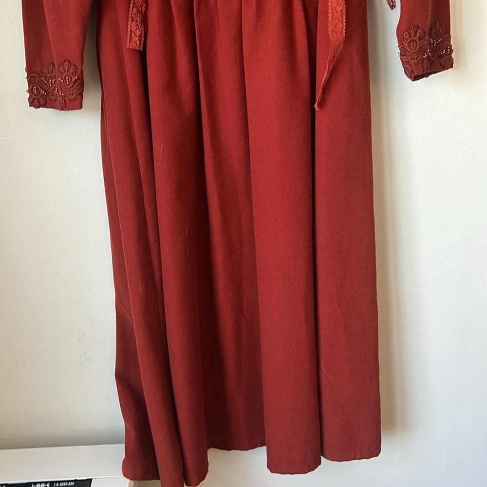 Vintage 1980's Bead Embroidered Wool Blend Midi Rust Orange Red Dress 2 - Picture 3 of 11